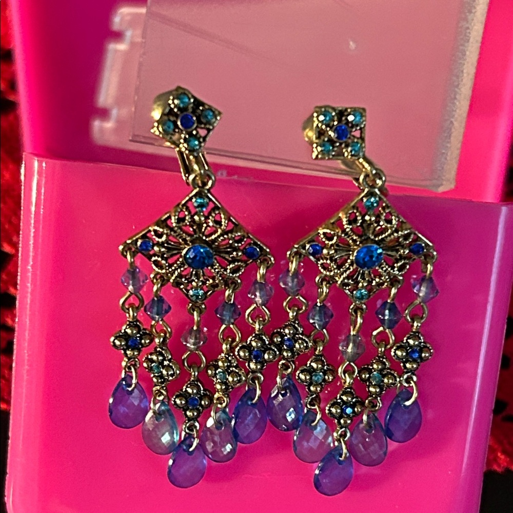 Clip on Elegant Blue and Gold Chandelier Earrings
